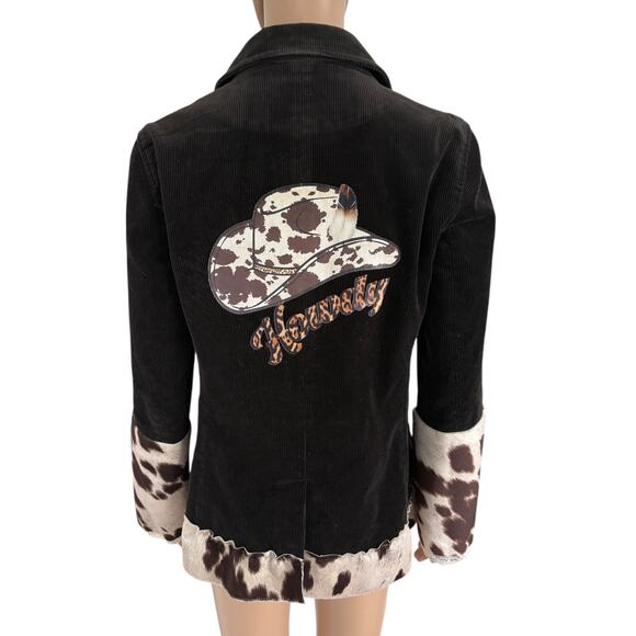 Upcycled Corduroy Blazer Cow Print Star Patch Western Boho Cowgirl Jacket Brown - Picture 1 of 7